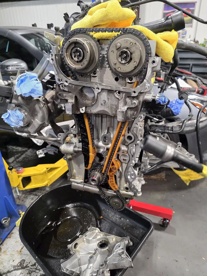 Engine timing job on the bench, one of the German auto repair services at Blitz German Auto